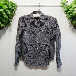 Ralph Lauren Chaps Shirt Top Womens Petite Medium Black White Paisley Button